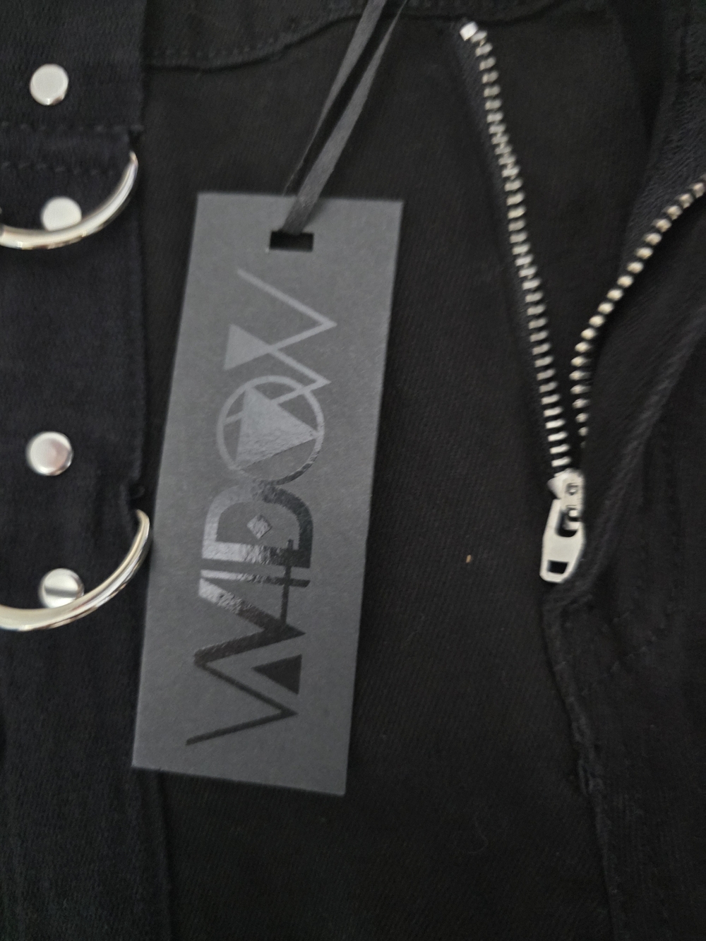 Dolls Kill- Widow- Black Flared Grommet Bondage Strap Pants- Sz L- NWT - Picture 8 of 12